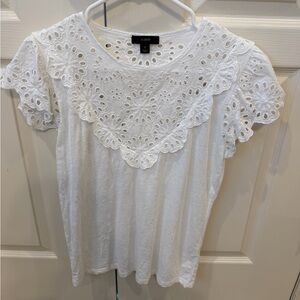 J. Crew White Eyelet Scallop Yoke Short Sleeve Tee